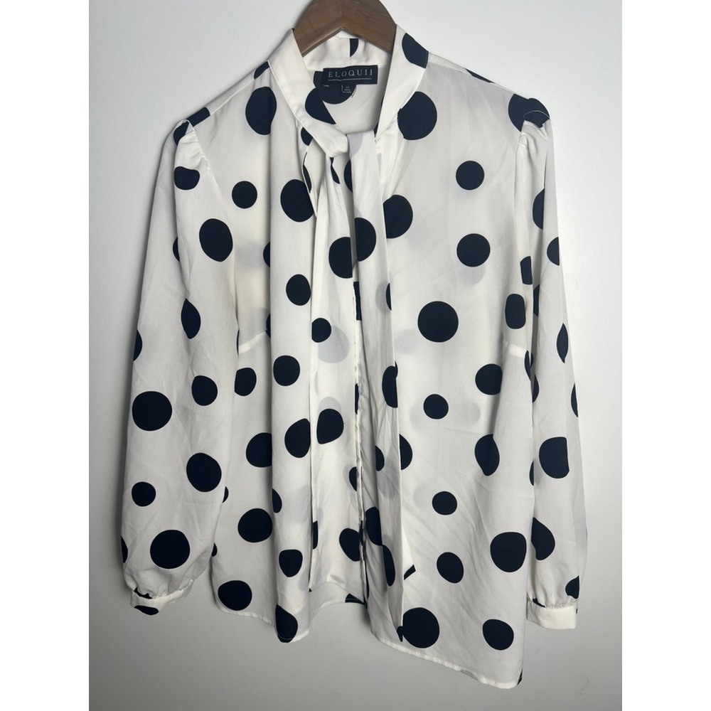 Eloquii Sz 14 Polka Dot Tie Neck Blouse White Black Office Work Corporate Dressy